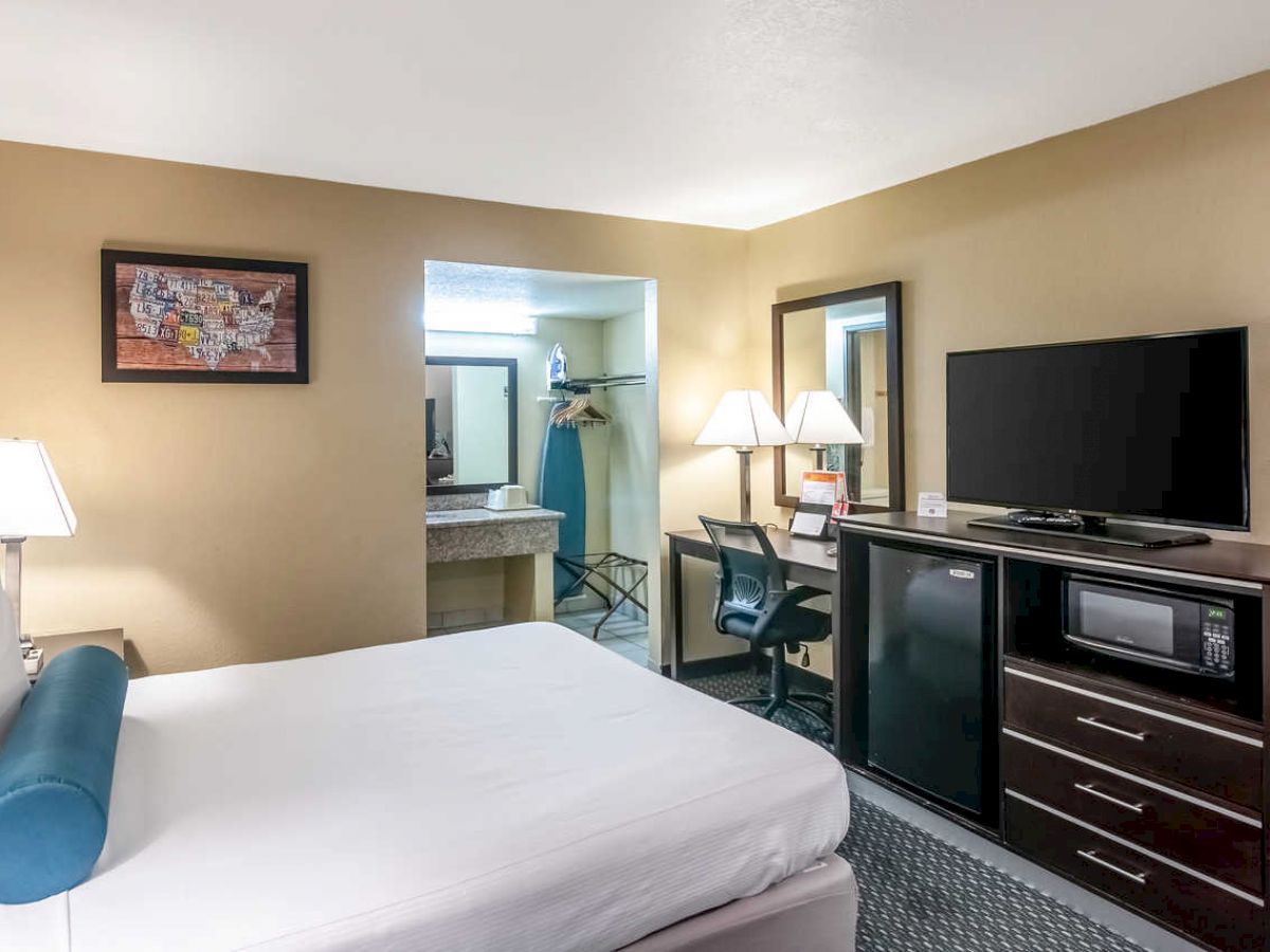 The image shows a hotel room with a bed, a TV, a mini-fridge, a microwave, and a desk. There is a framed picture on the wall and two lamps.