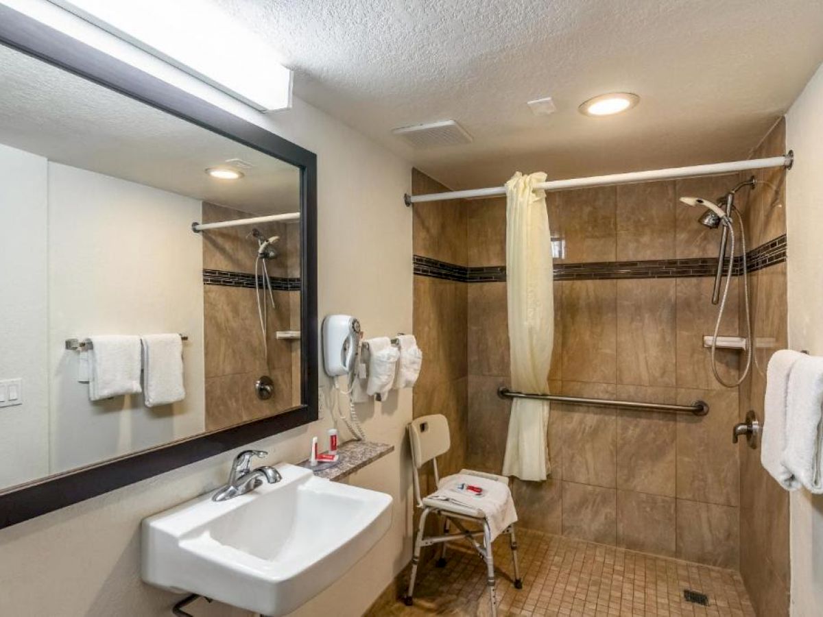 This image shows a bathroom with a sink, large mirror, and a walk-in shower equipped with grab bars, a shower chair, and a curtain.