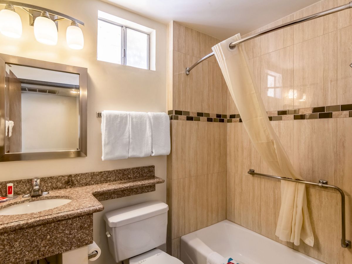 A clean bathroom with a granite countertop, mirror, toilet, bathtub with shower curtain, and towels neatly hung on the wall.