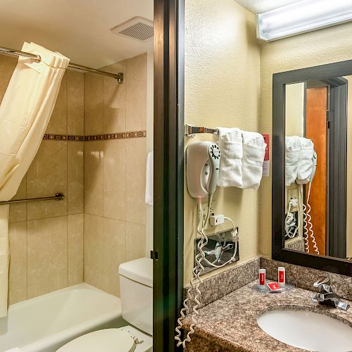 A bathroom with a shower, toilet, and sink, a hairdryer on the wall, toiletries on the counter, and a mirror reflecting a partial view of a bedroom.